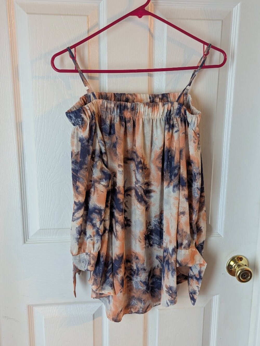 Love streak off the shoulder peach cream and blue top - XL